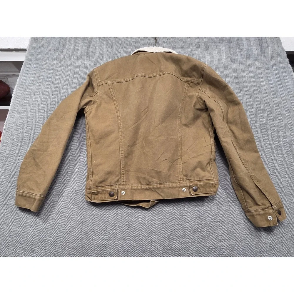 Levis Sherpa Lined Trucker Jacket Olive Green Canvas WaterLess Mens Small S‎